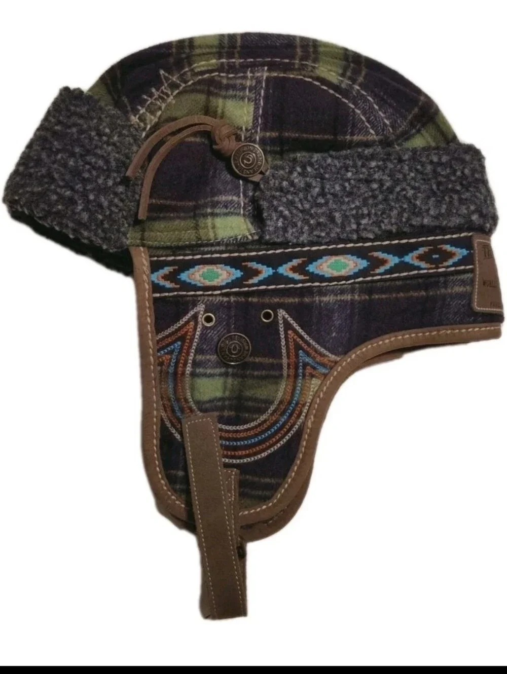 True Religion Unisex Plaid Flap Embroidered Aviator Size S/M.